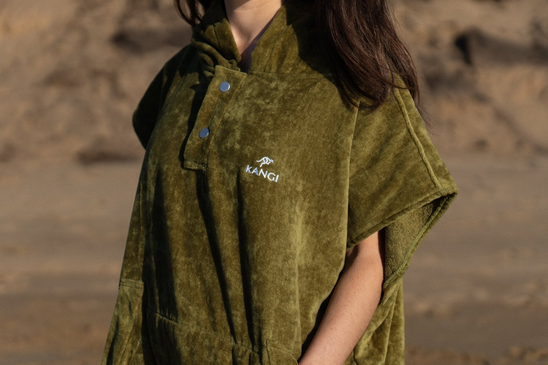 Close up Khaki hooded towel, cotton velour 
