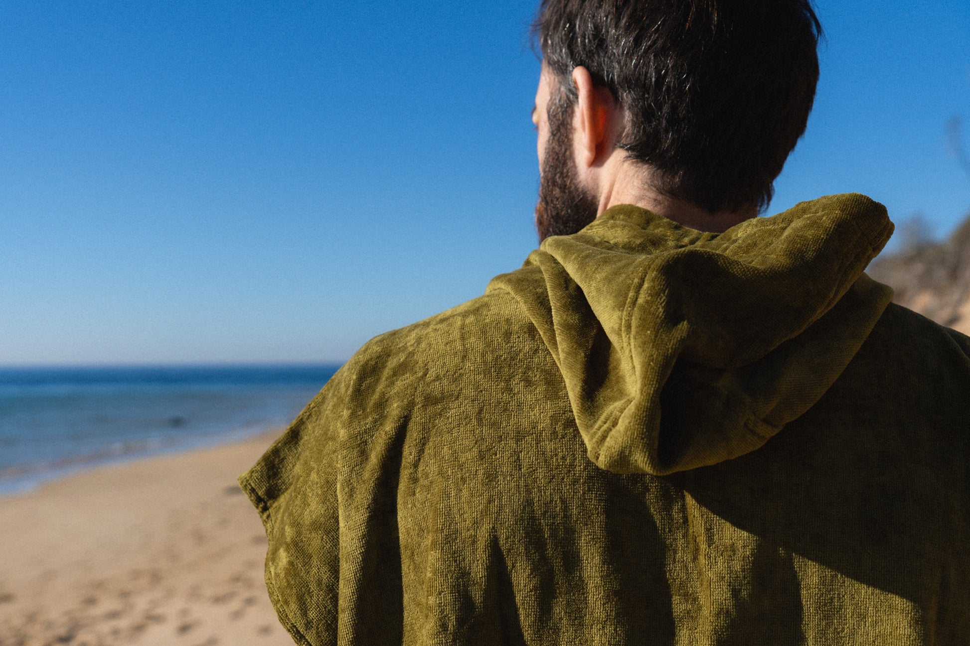 Close up Khaki hooded towel, cotton velour