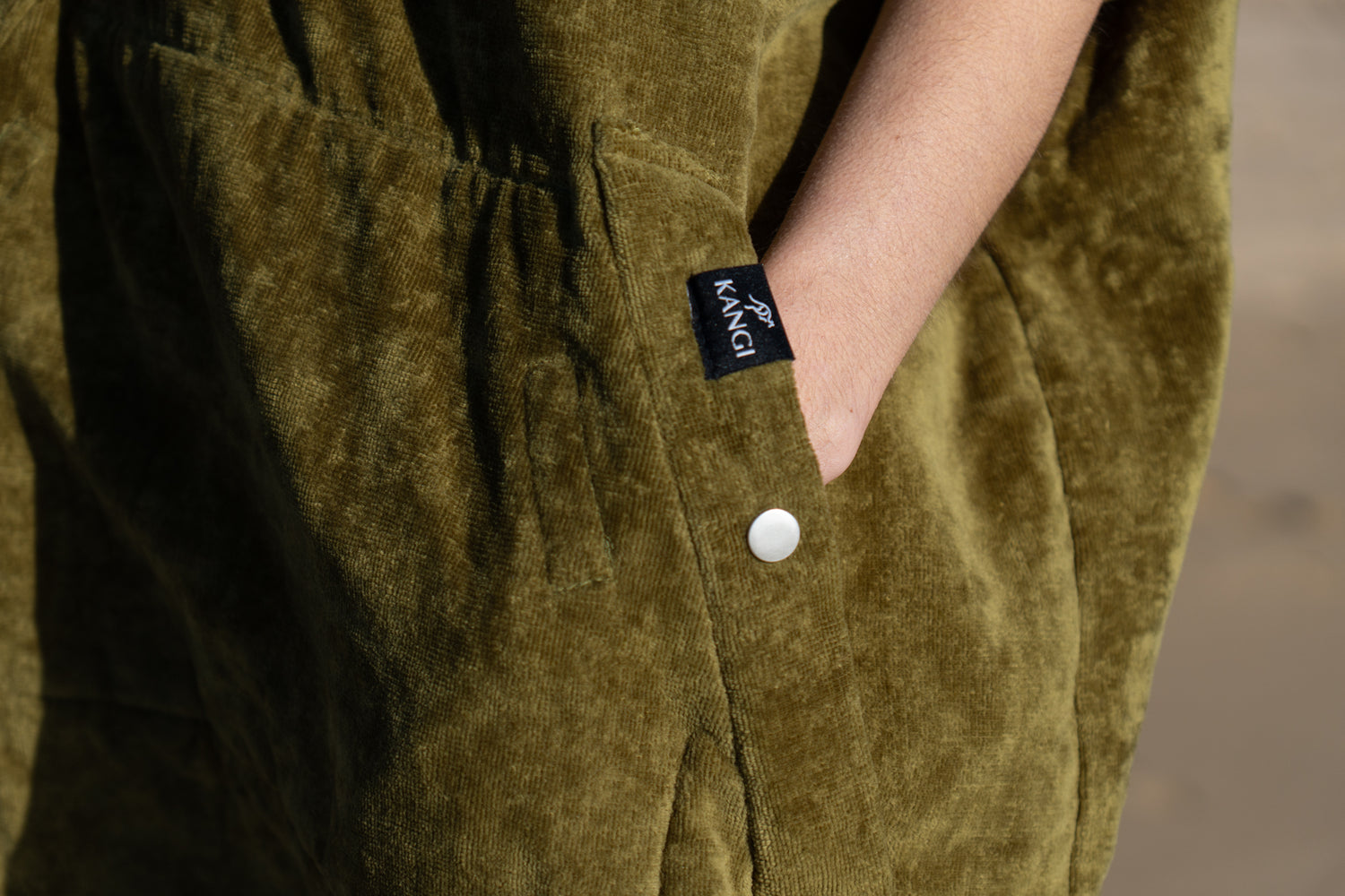 Khaki hooded towel, cotton velour, deep kangaroo pockets